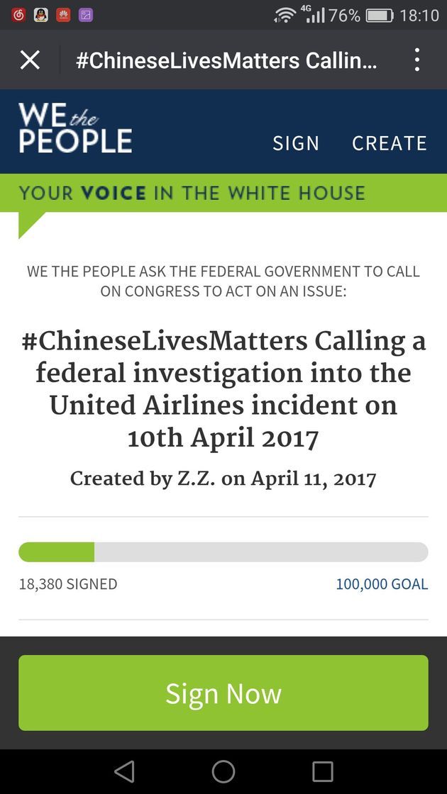 美联航暴力拖拽华裔引众怒 1.8万人白宫网站请愿
